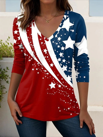 Casual Independence Day (Flag) V Neck Long Sleeve T-shirt