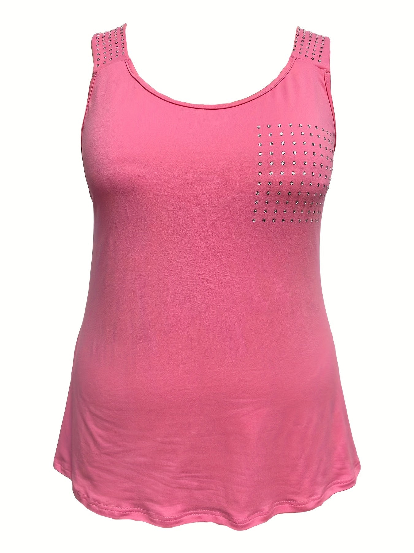 Rhinestone Solid Tank Top, Casual Crew Neck Sleeveless Top