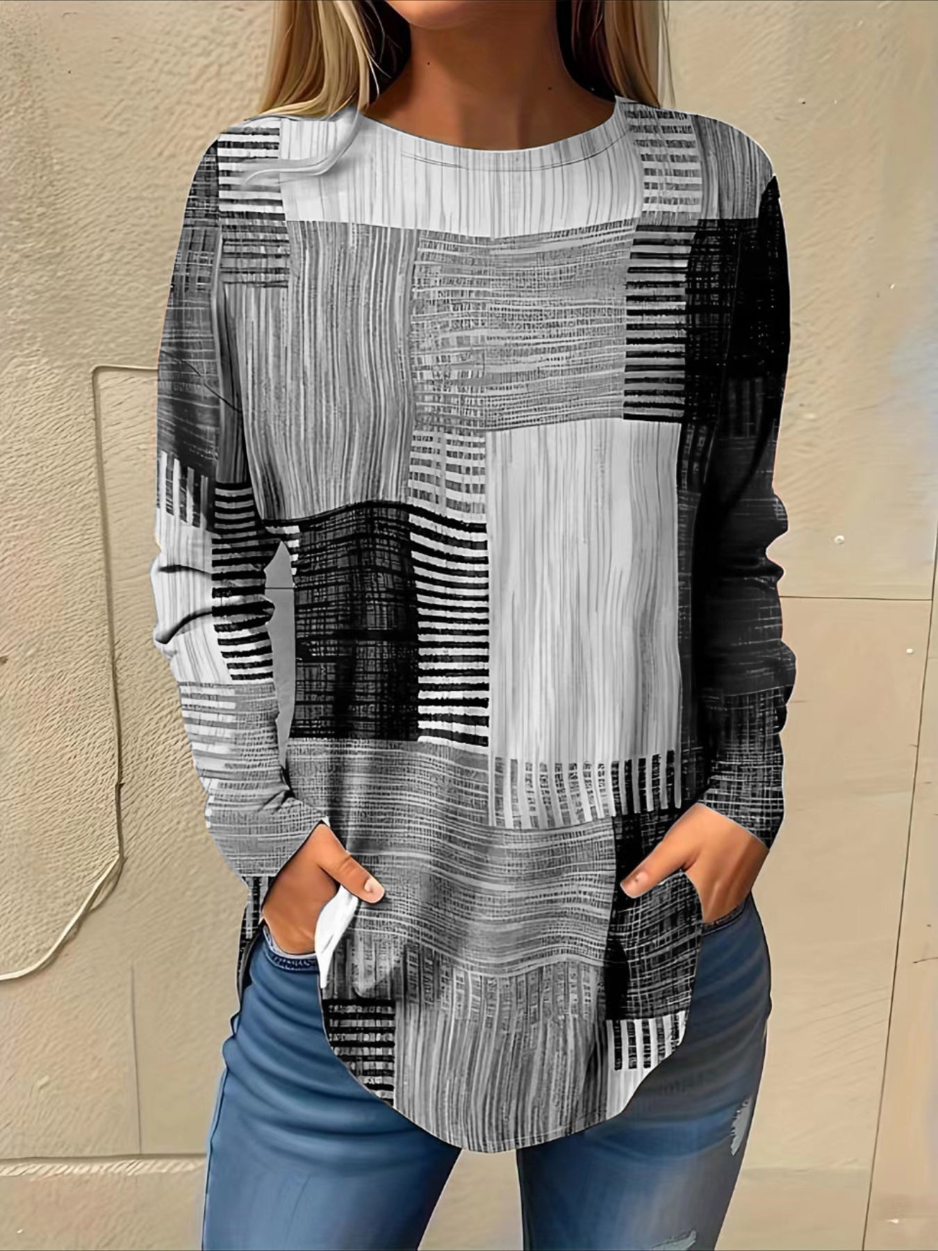 Floral Print Crew Neck T-Shirt, Casual Long Sleeve Top