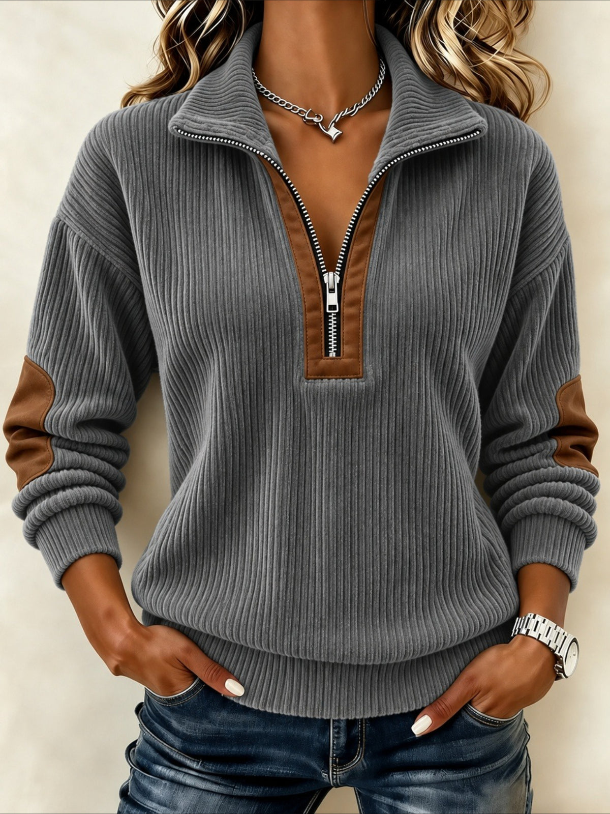 Color Block Half Open Collar Casual Spring/Fall Long Sleeve Sweatshirt
