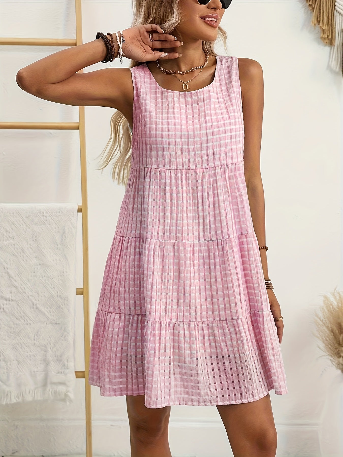 Loose Casual Flowing Sleeveless Plaid Dress
