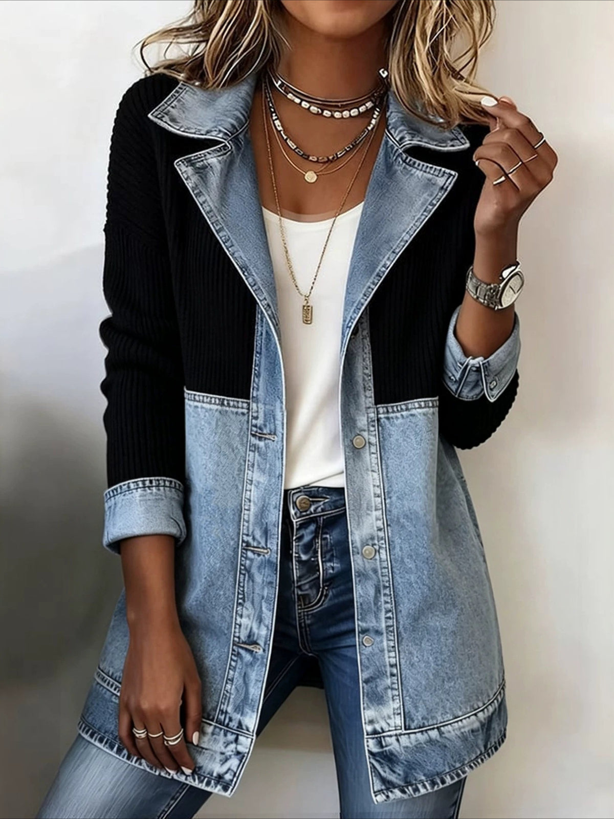 Lapel Collar Denim-Look Panel Longline Knit Jacket