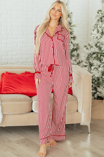 Red Stripe Contrast Velvet Trim Bow Knot Waist 2pcs Pajama Set