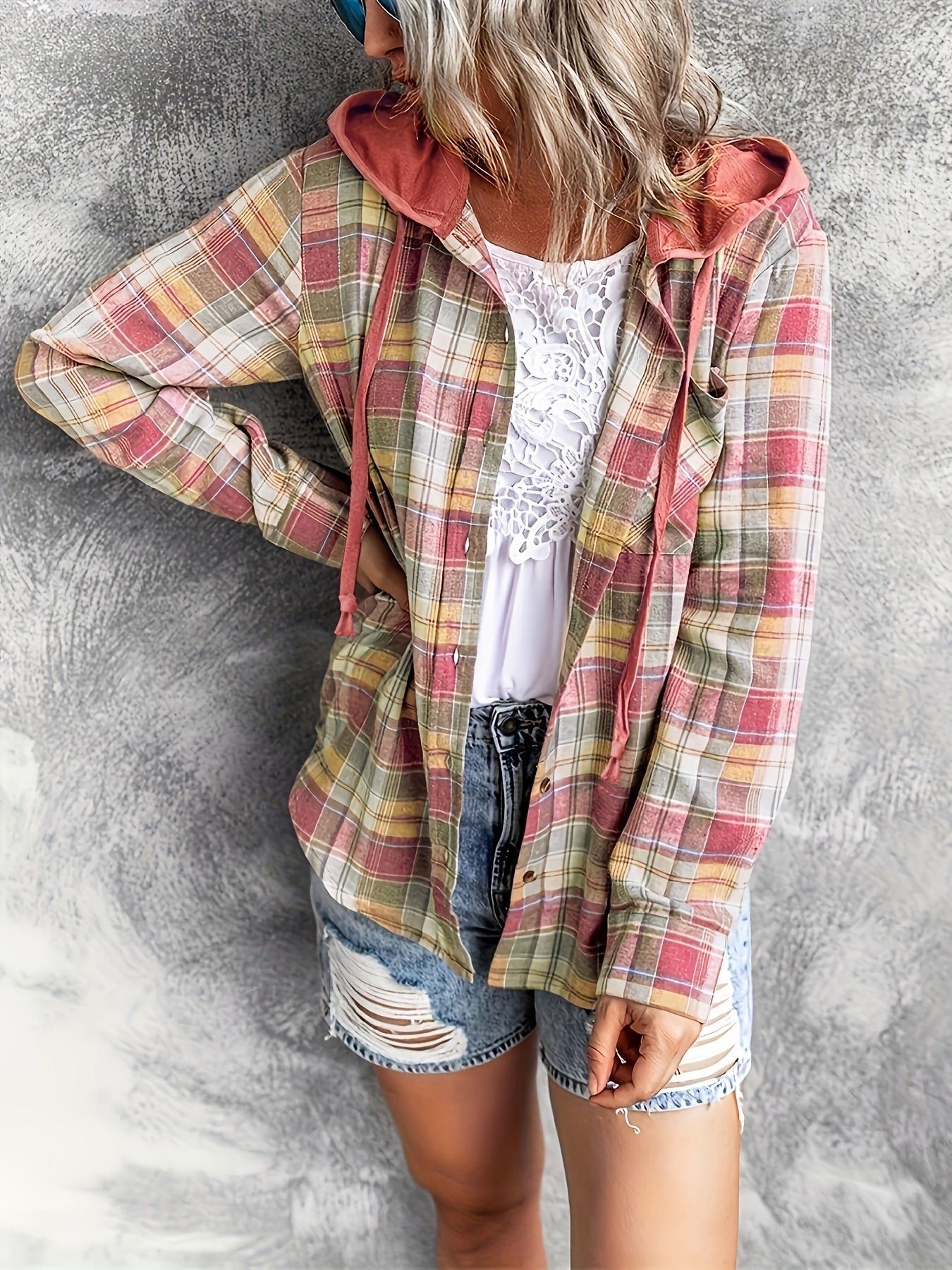 Plaid Print Hooded Shirt, Casual Long Sleeve Drawstring Shirt