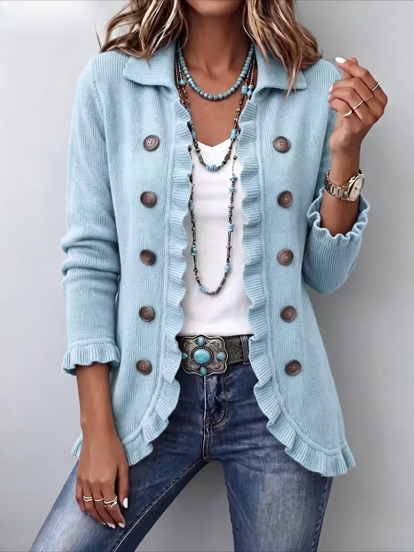 Solid Color Long Sleeve Ruffle Edge Button-knitted Cardigan