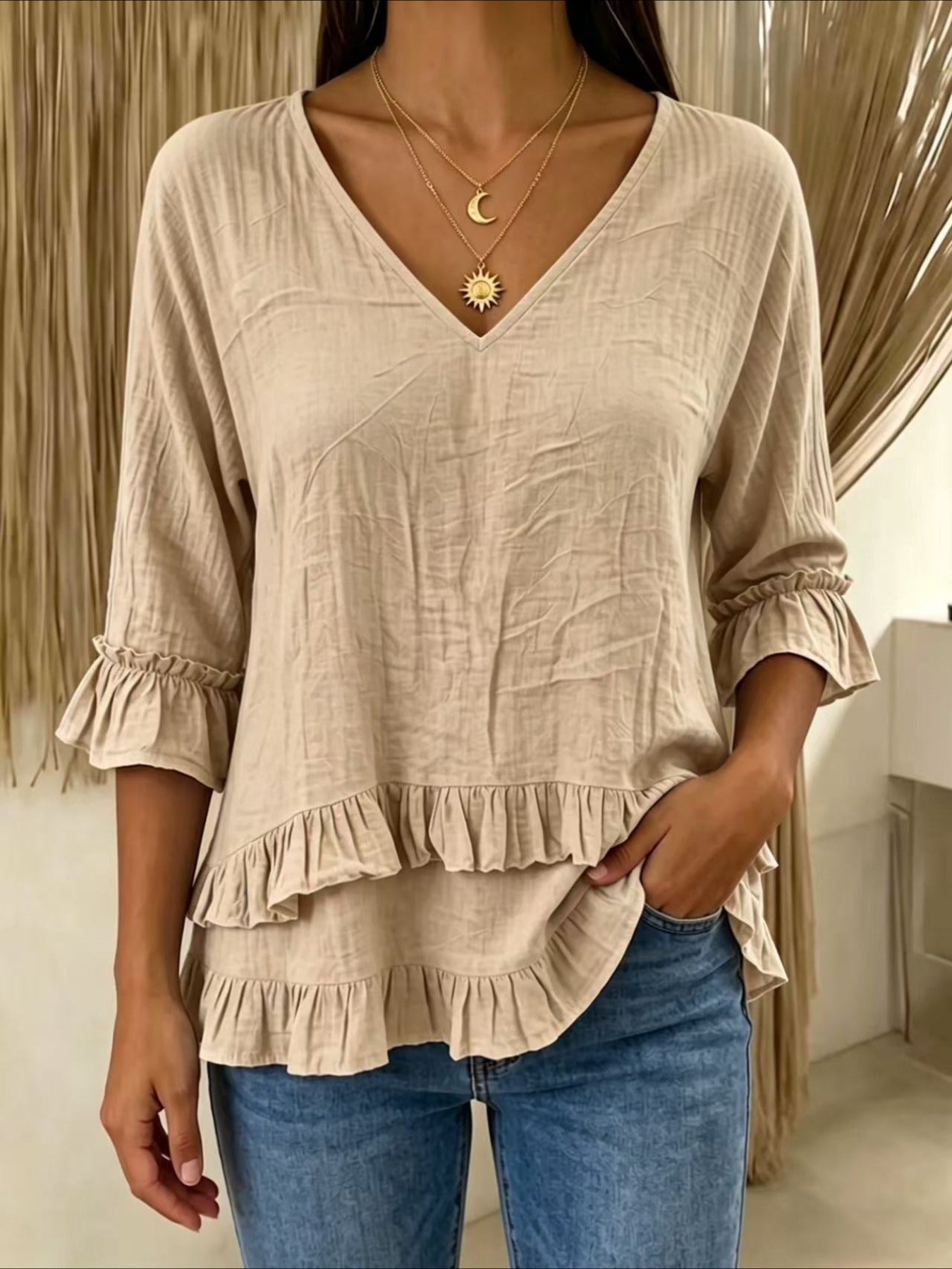 V-neck Ruffled Short Sleeves Blouse
