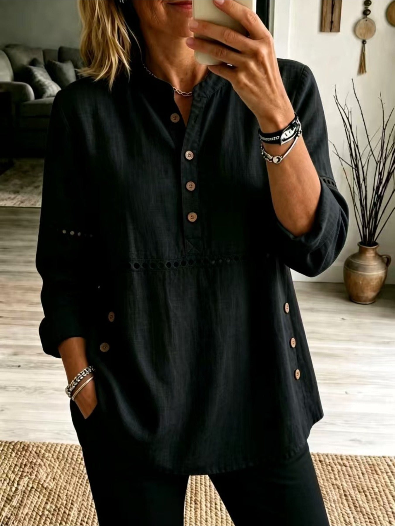Solid Color Stand Collar Long Sleeve Half-Placket Side Button Cutout Detail Loose Fit Top