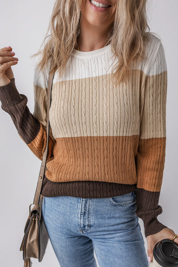 Khaki Colorblock Cable Knit Round Neck Sweater