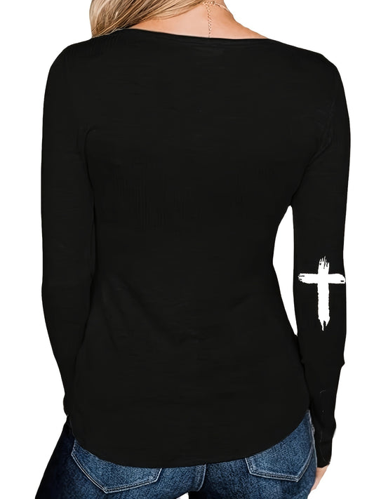 Cross & Letter Print Crew Neck T-Shirt, Casual Long Sleeve Top