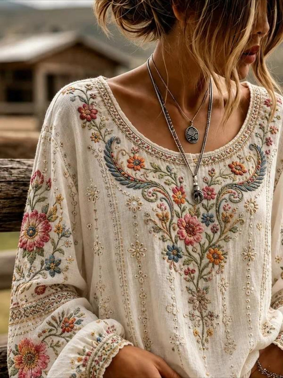 Floral Crew Neck Long Sleeve Blouse