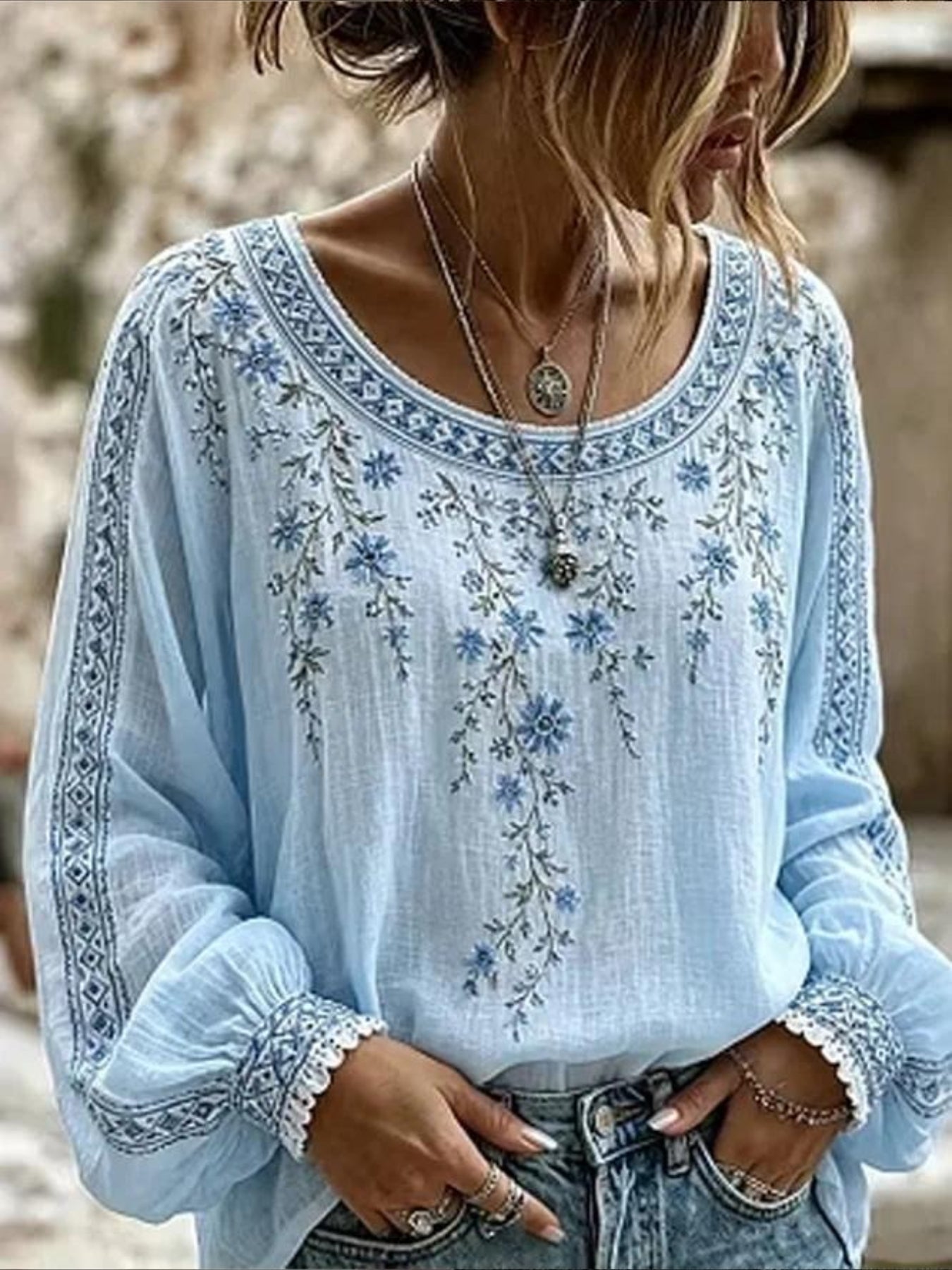 Vines Floral Crew Neck Long Sleeve Blouse