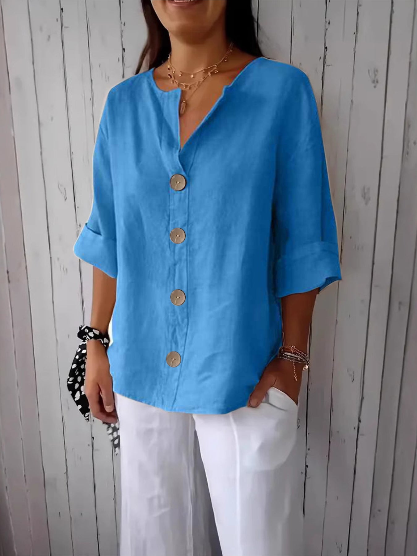 V-Neck Button-Up Solid Color Short Sleeve Loose Fit Short Sleeve Shirt