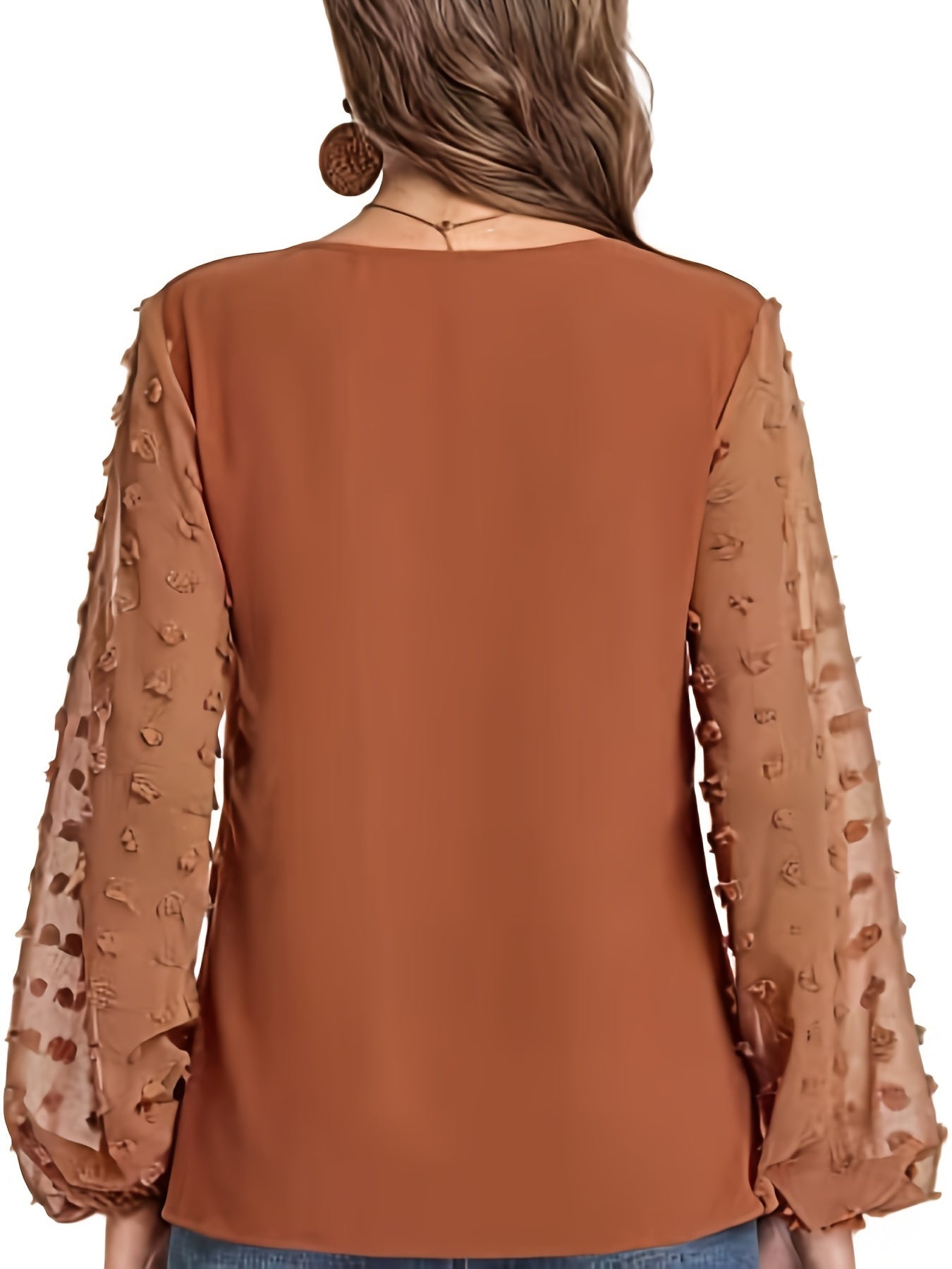 Swiss Dot Sleeve Shirt, Casual V Neck Solid Shirt
