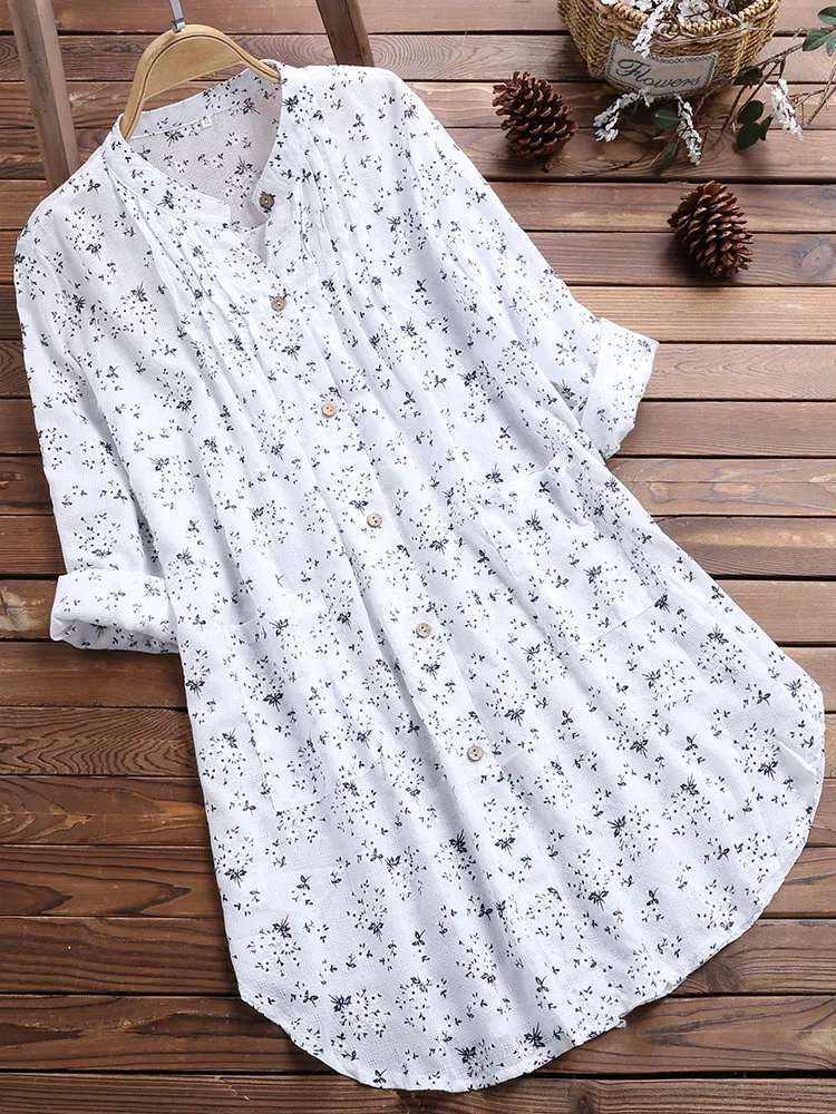 Loose Long Sleeve V Neck Button Tunic Tops