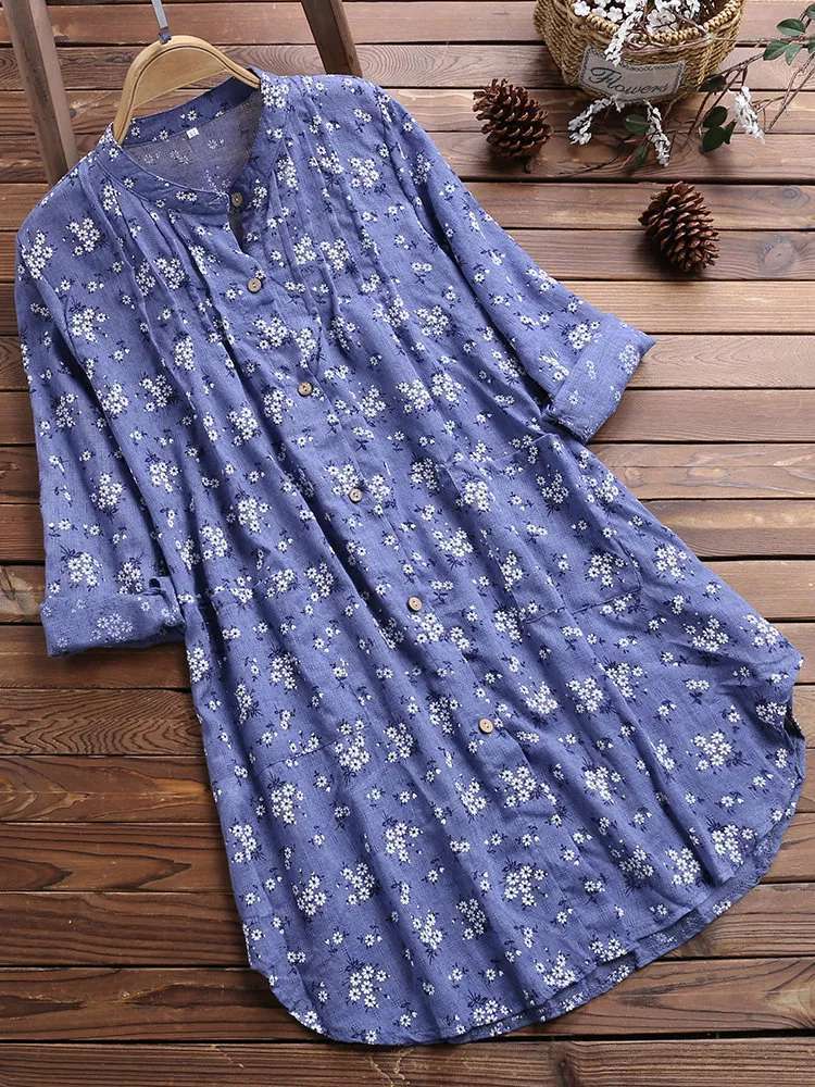 Loose Long Sleeve V Neck Button Tunic Tops