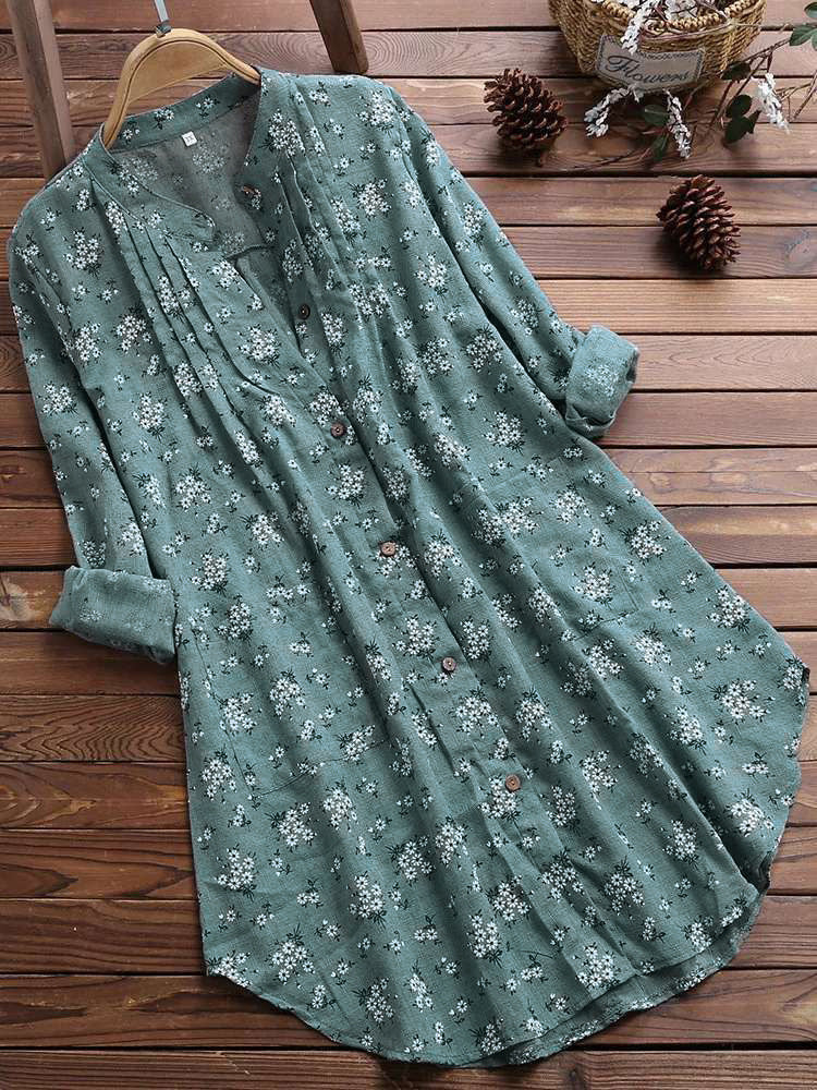 Loose Long Sleeve V Neck Button Tunic Tops