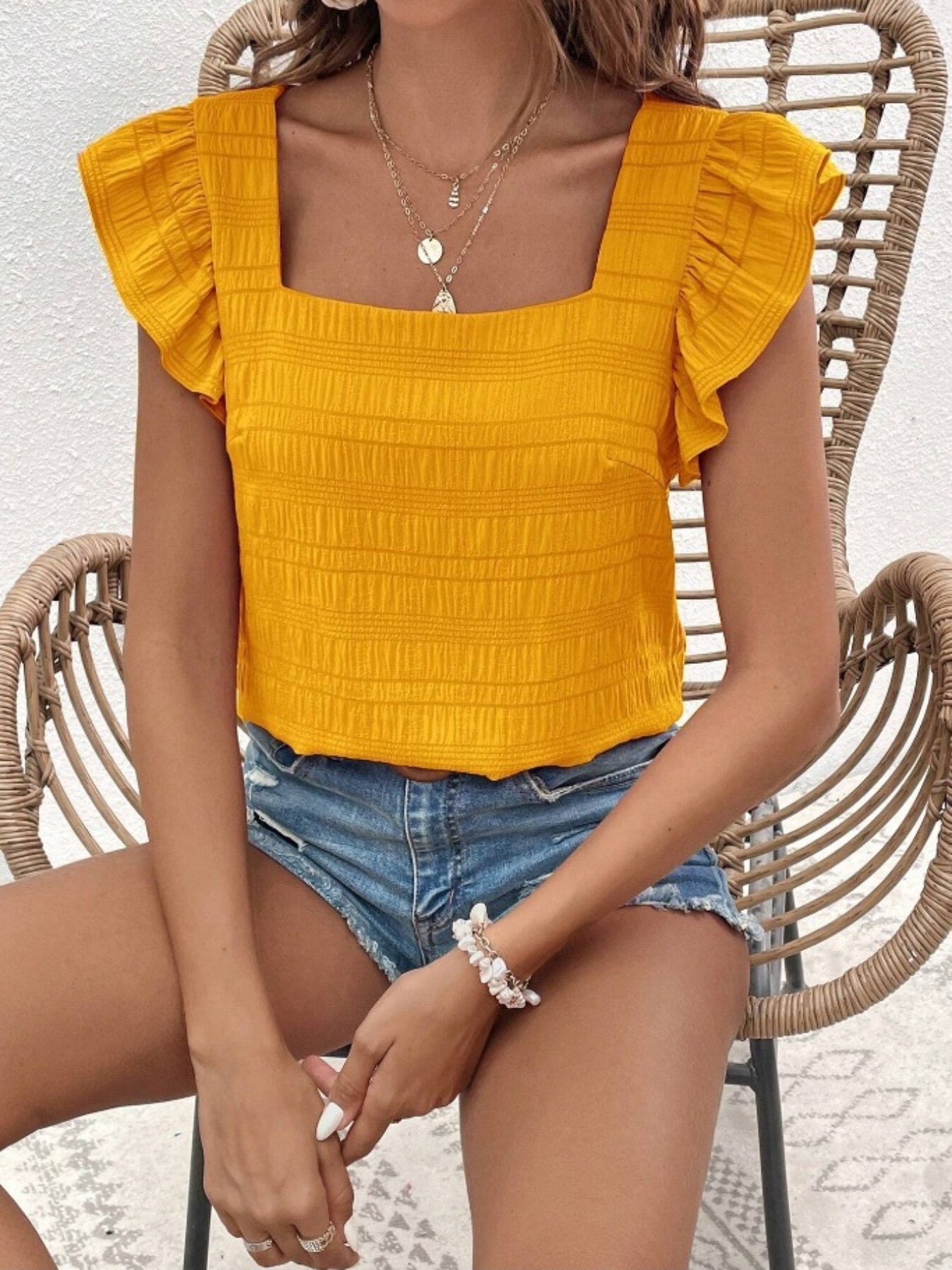 Ruffle Trim Solid Blouse, Elegant Squared Neck Versatile Blouse
