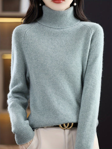 Cozy Solid Turtle Neck Sweater - Elegant Long Raglan Sleeve, Soft, Warm, and Comfortable