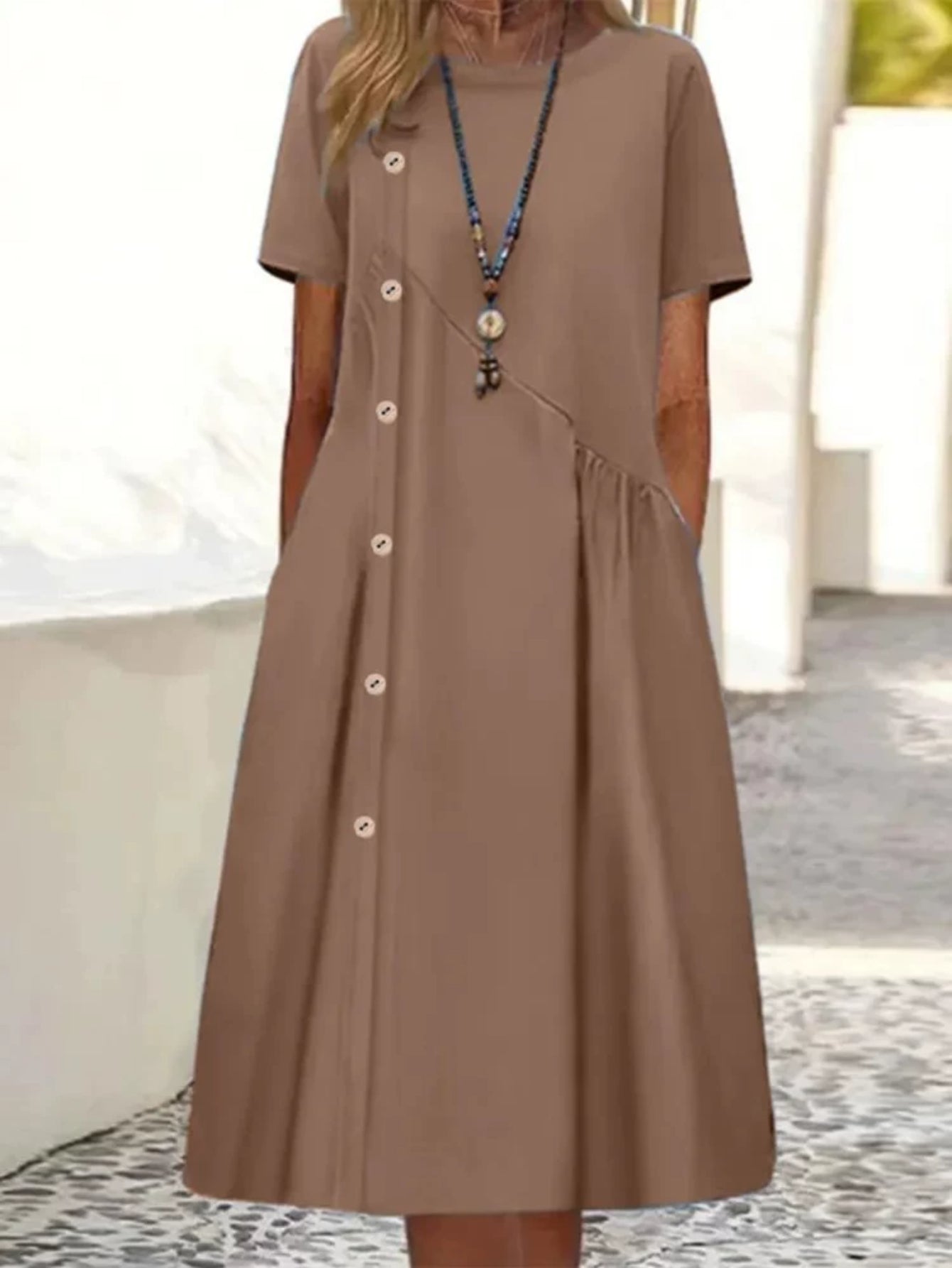 Polyester Women's Summer Dress | Light Blue Casual A-Line Mini with Decorative Buttons