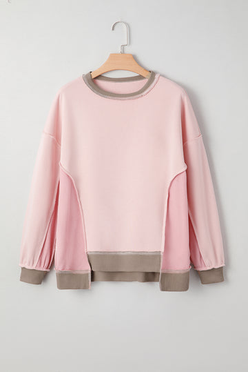 Light Pink Color Block Mix Texture Waffle Patchwork Oversize Sweatshirt