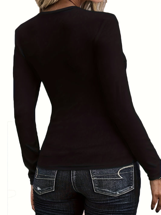 Cutout Slim Asymmetrical Neck T-Shirt, Casual Long Sleeve Top