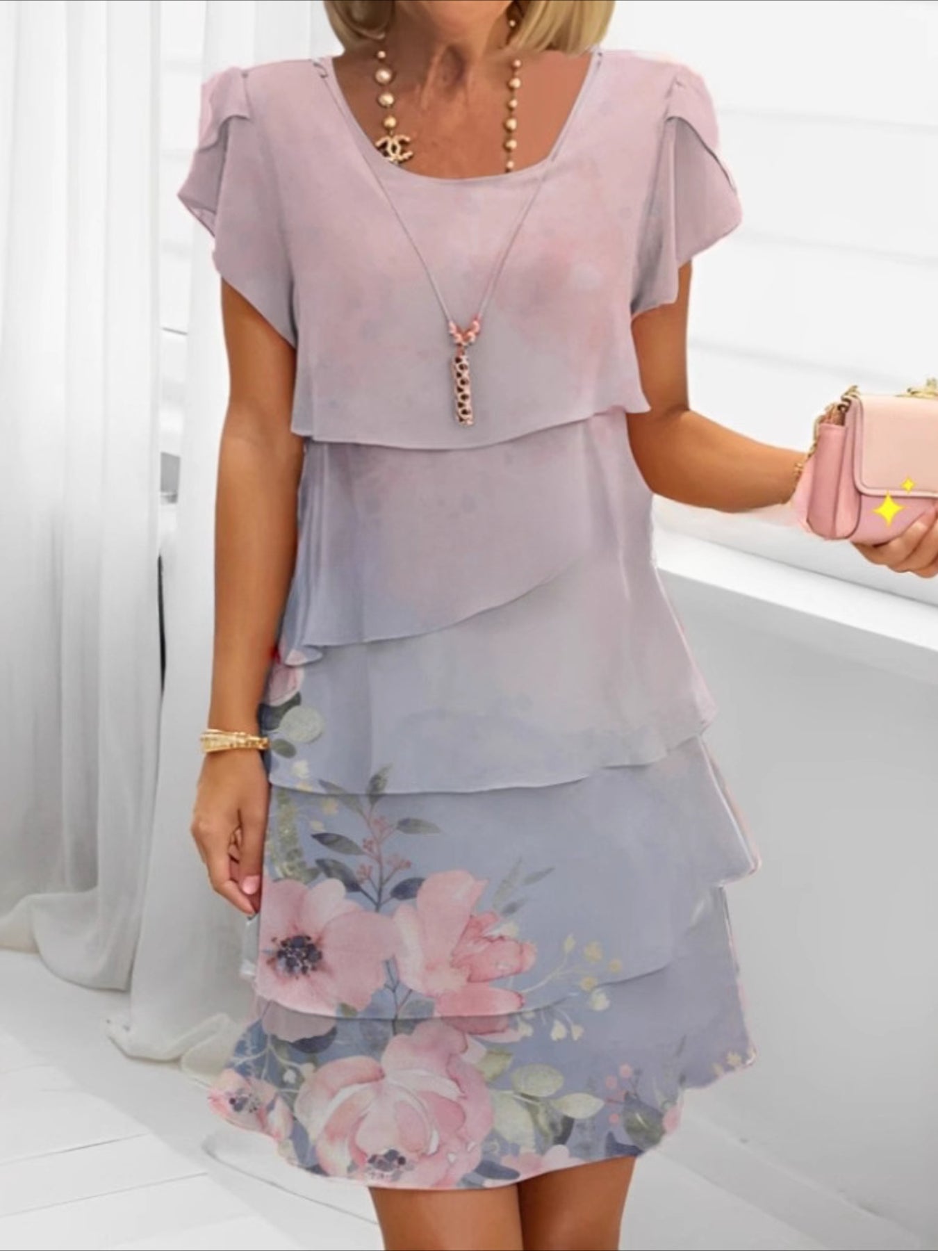 Elegant Daily Regular Fit Floral Geometric Short Sleeve Crew Neck Midi Dress