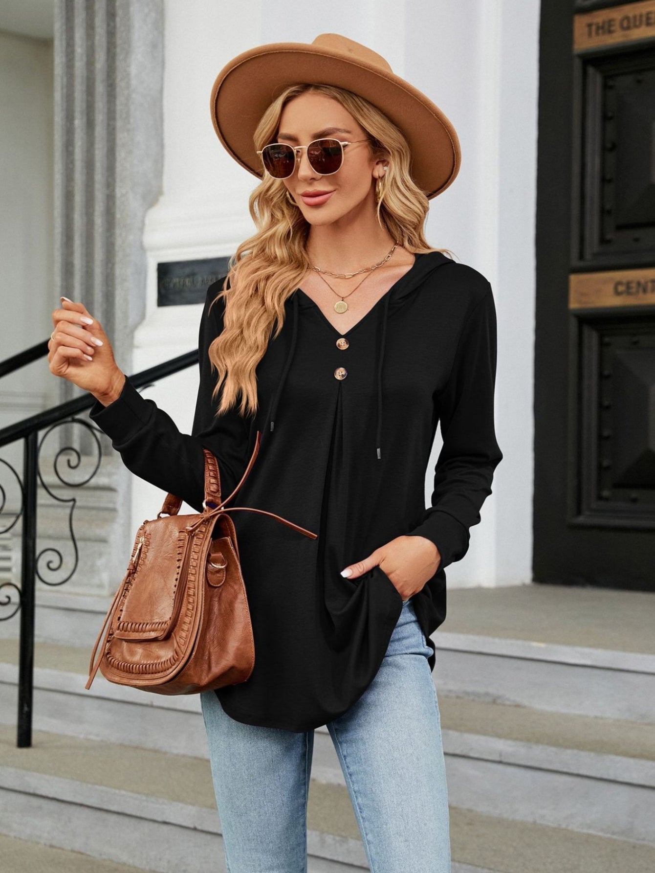 Solid Color Drawstring Button Hoodie, Casual Long Sleeve Hoodie Sweatshirt