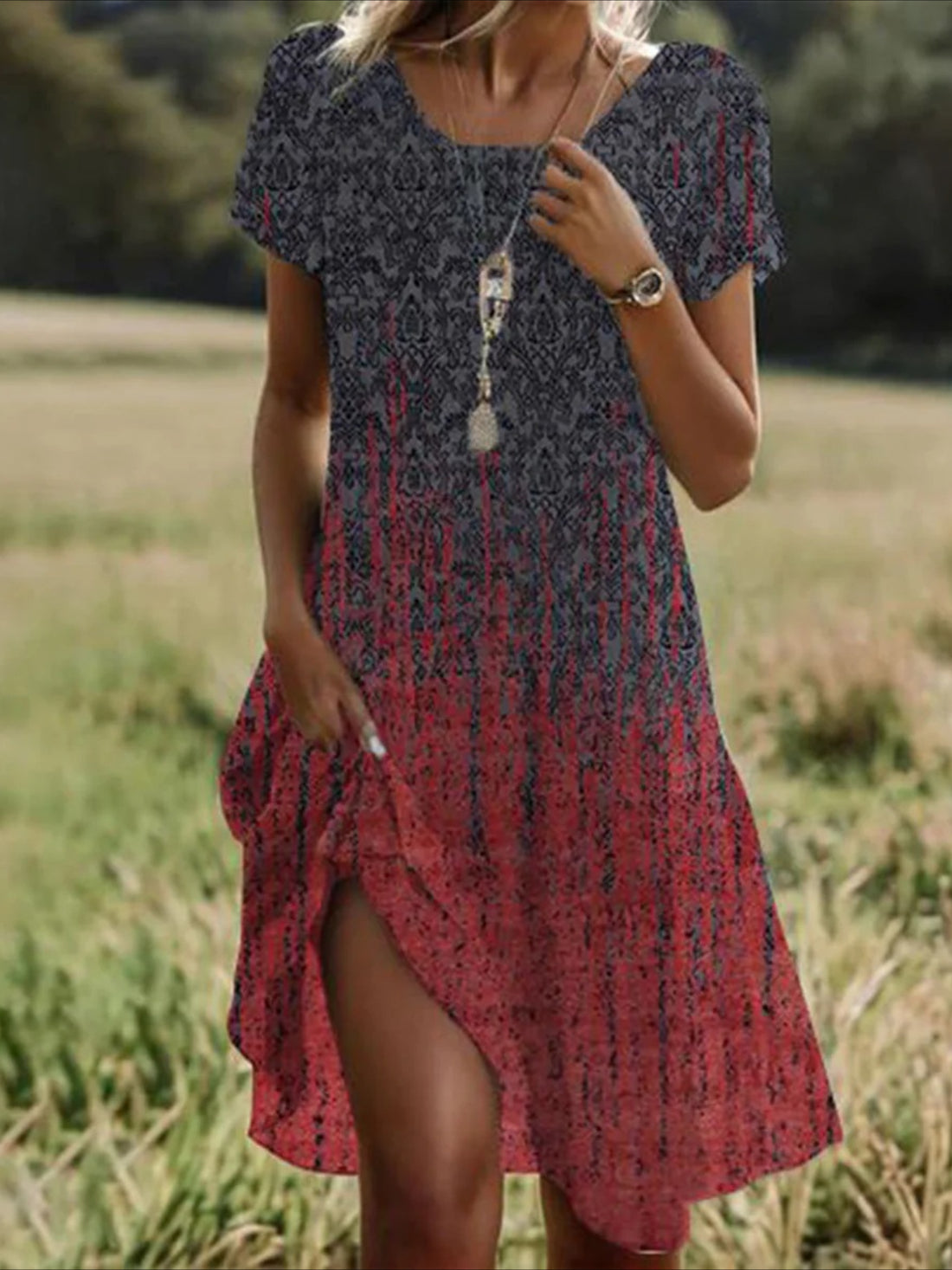 Floral Graphic Short Sleeve V Neck Mini Dress