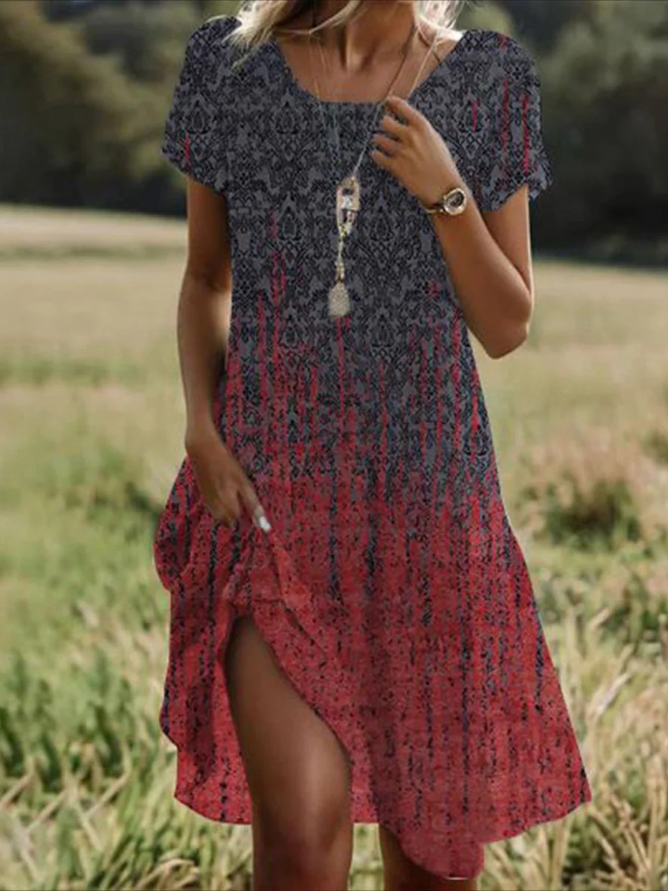 Floral Graphic Short Sleeve V Neck Mini Dress