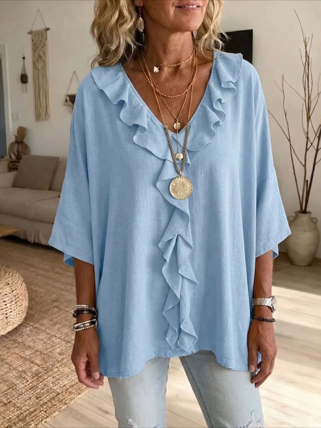 V Neck Casual 3/4 Sleeve Top with Ruffle Edge