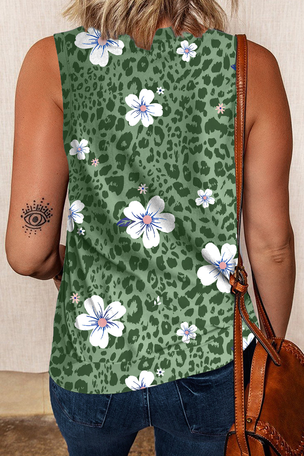 Green Crew Neck Floral Leopard Print Tank Top