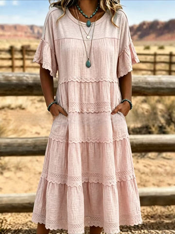 Round Neck Flutter Sleeve Lace Trim Tiered Midi Dress with Pockets