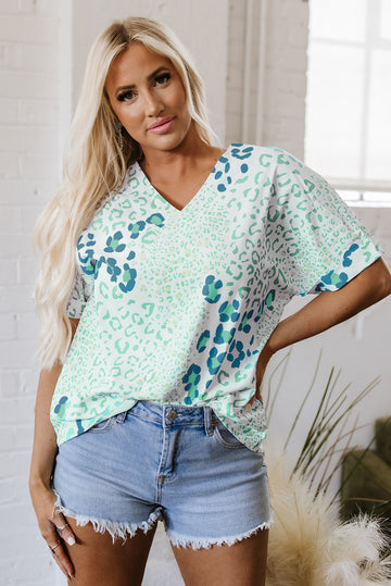 Green Mixed Leopard Print V Neck Short Sleeve Blouse