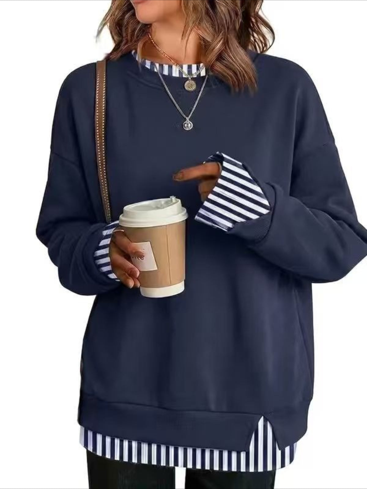 Plain Crew Neck Split Joint Casual Spring/Fall Long Sleeve Sweatshirt