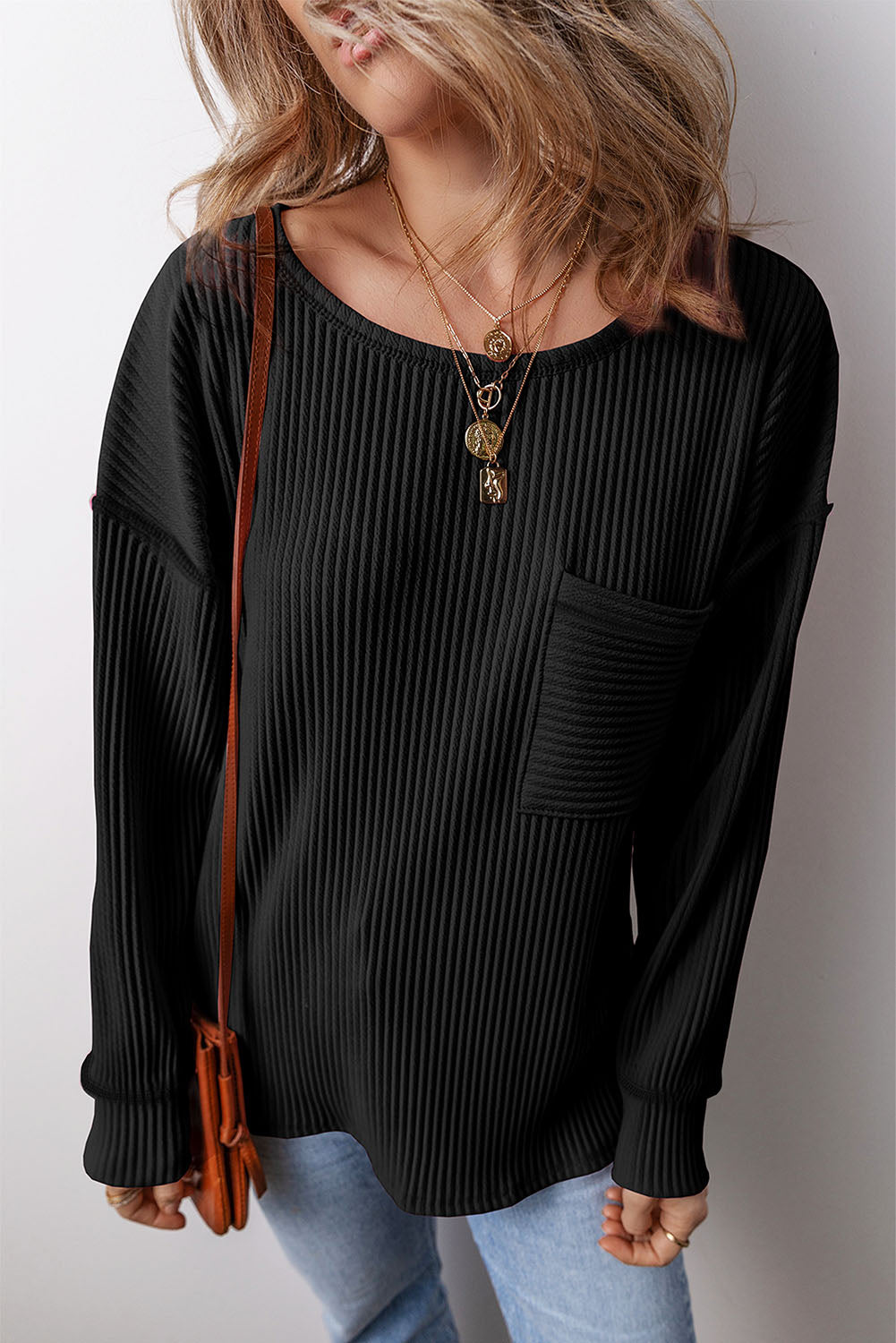 Black Solid Color Corded Drop Shoulder Long Sleeve Top