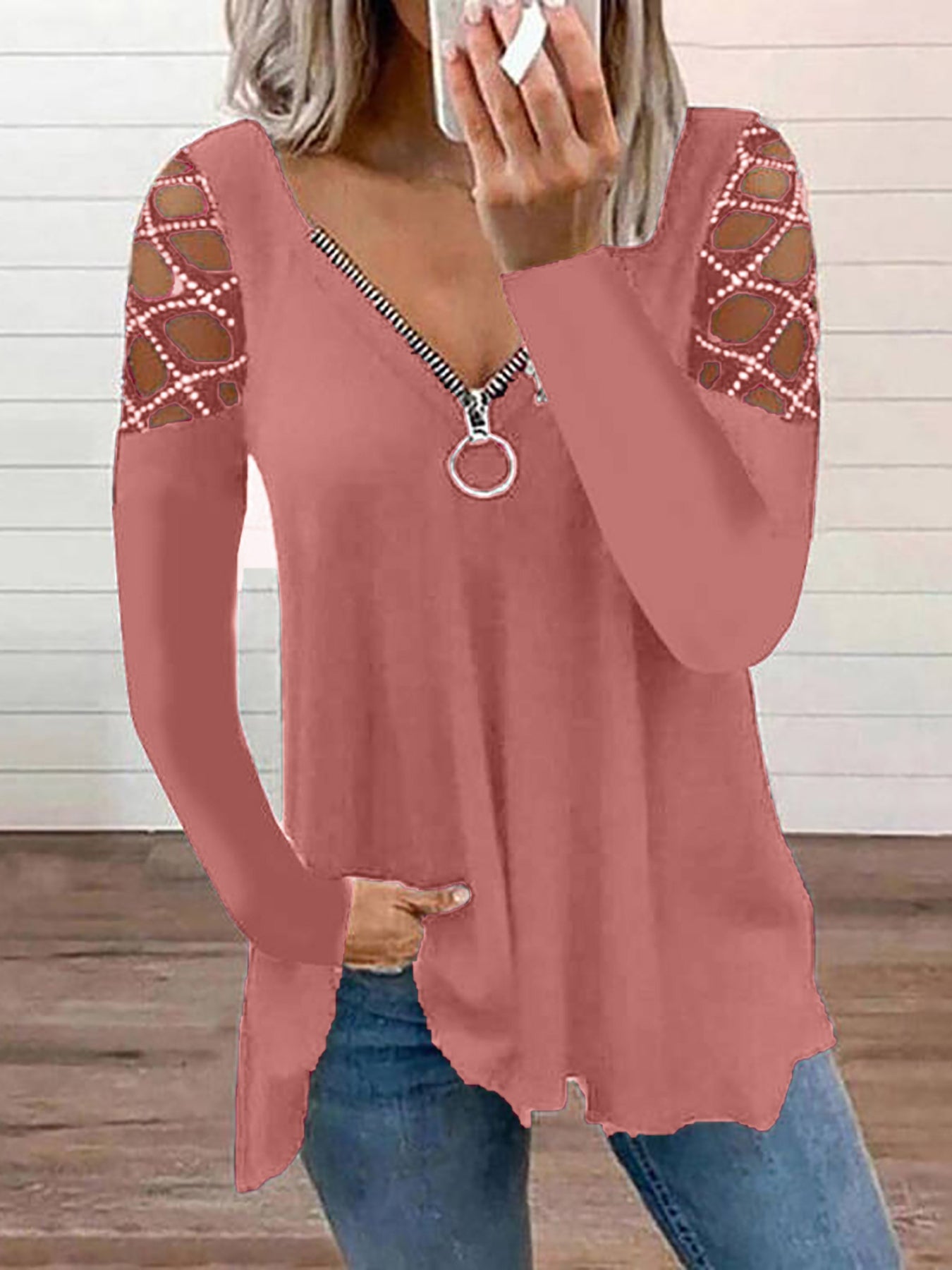 Cutout Zipper Front T-Shirt, Casual V Neck Long Sleeve T-Shirt