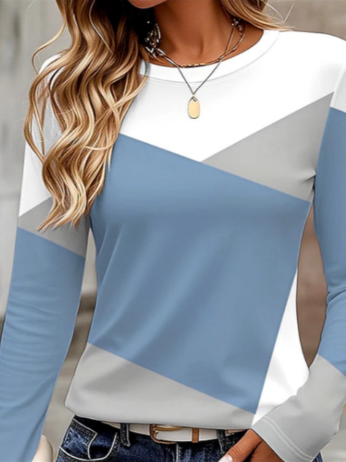 Casual Color Block Long Sleeve Crew Neck Casual T-shirt