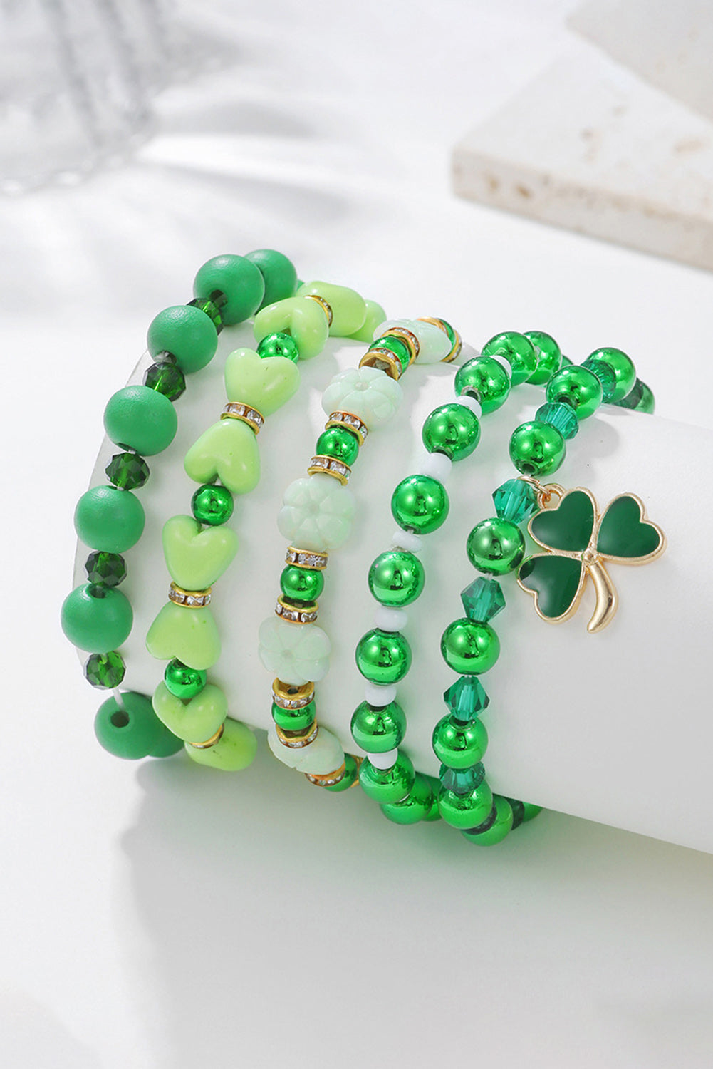 Green Clover Pendant Beaded 5pcs Bracelet Set