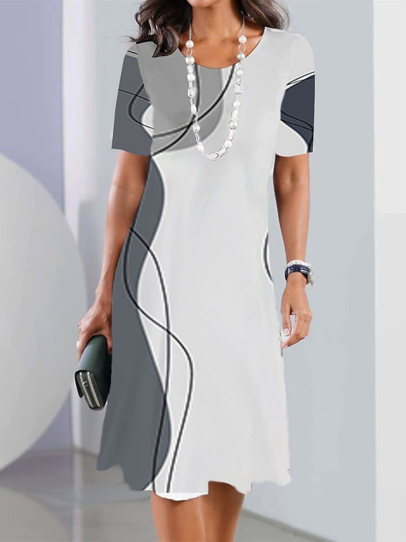 Geo Print Crew Neck Dress, Casual Short Sleeve Dress