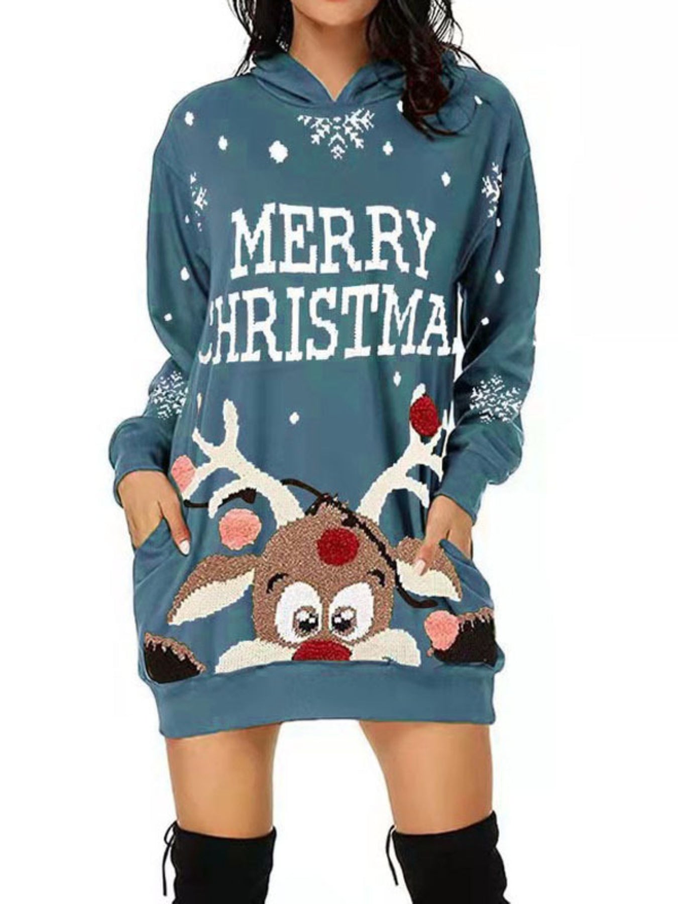 Christmas Print Casual Hoodie Dress Long Sleeve Hooded Dress