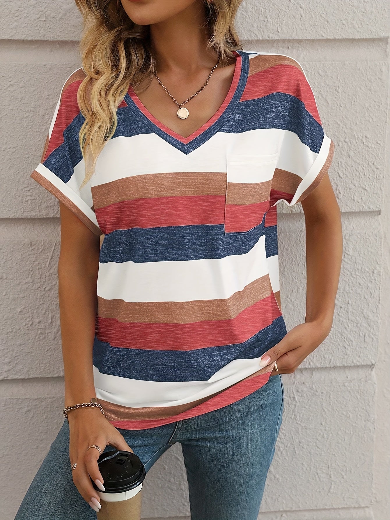 Stripe Print V Neck T-Shirt, Casual Short Sleeve T-Shirt