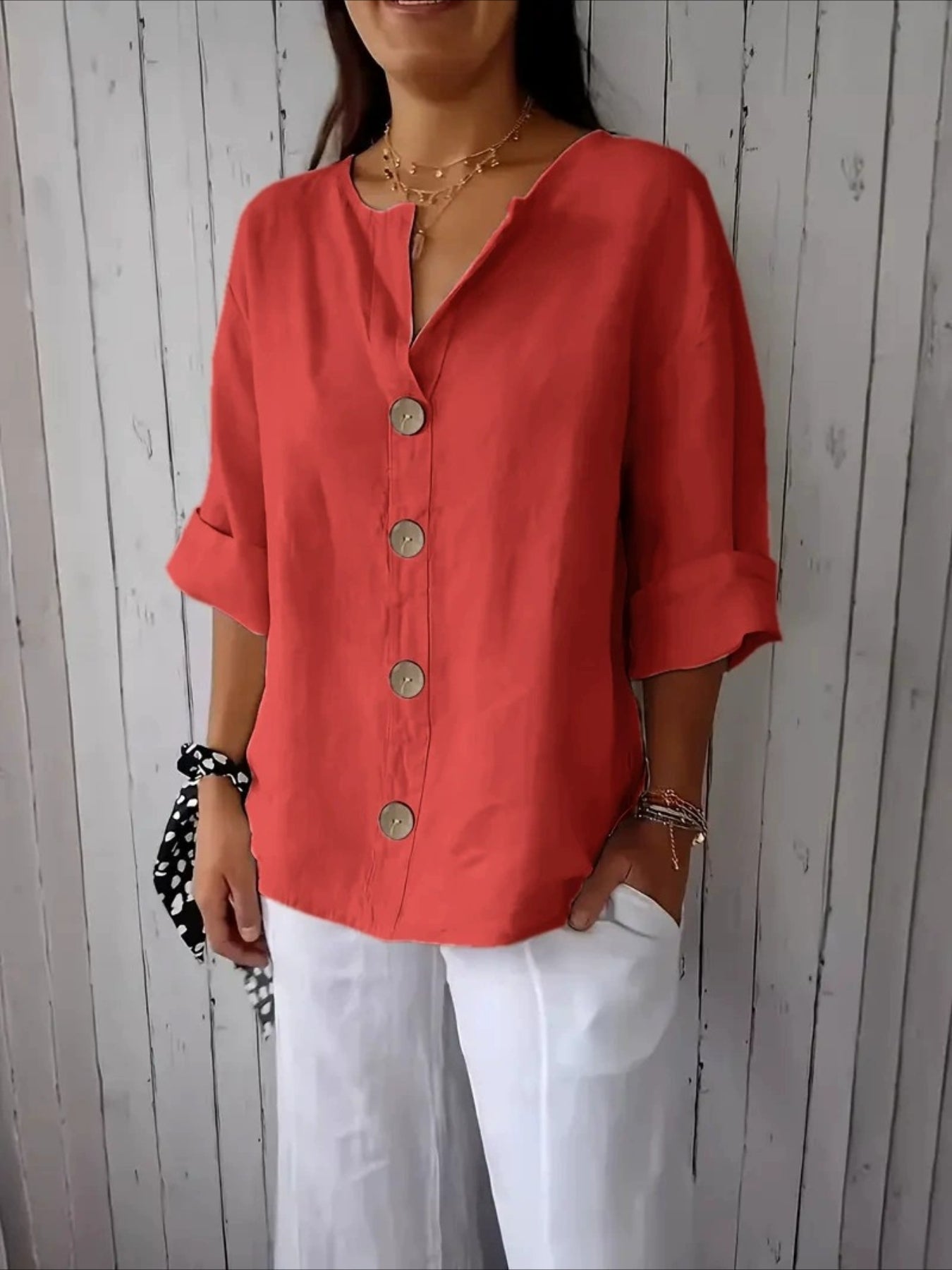 V-Neck Button-Up Solid Color Short Sleeve Loose Fit Short Sleeve Shirt