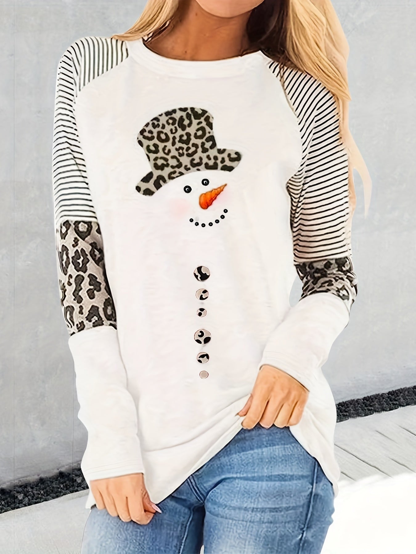 Snowman Pattern Crew Neck T-Shirt, Casual Long Sleeve Top