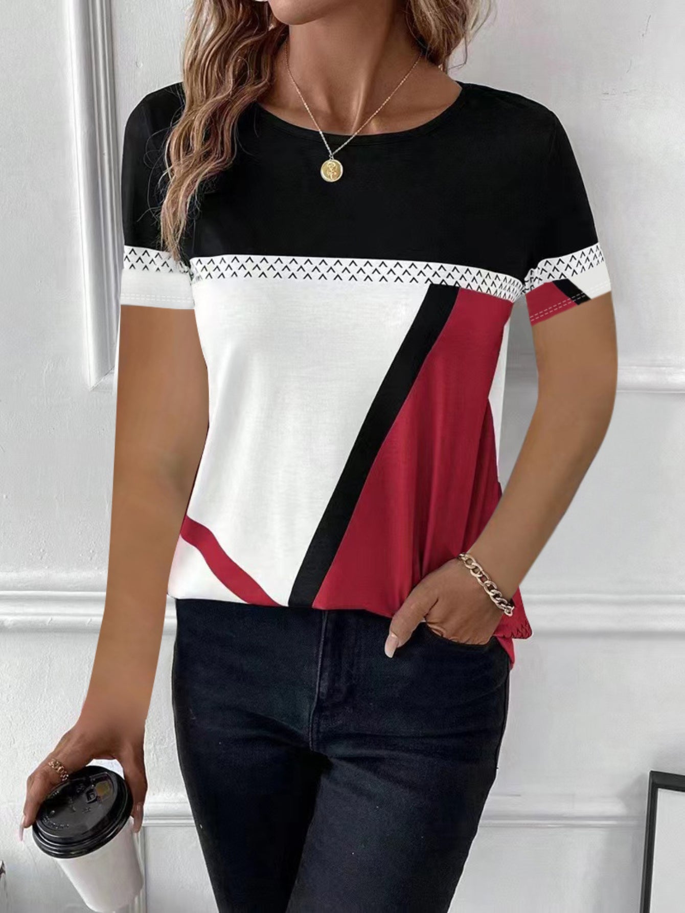Color Block Crew Neck T-Shirt, Casual Short Sleeve T-Shirt