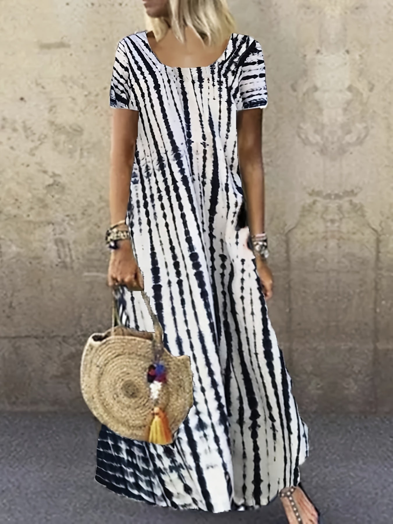 Tie Dye Striped Dress, Casual Crew Neck Short Sleeve Ankle Dress