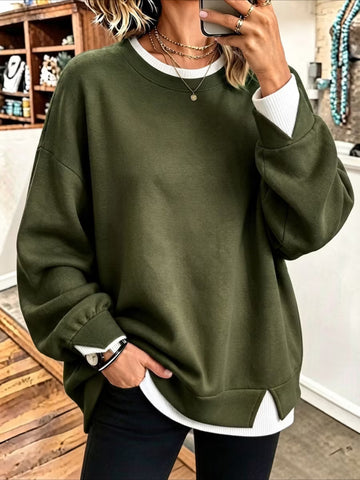 Plain Crew Neck Split Joint Casual Spring/Fall Long Sleeve Sweatshirt