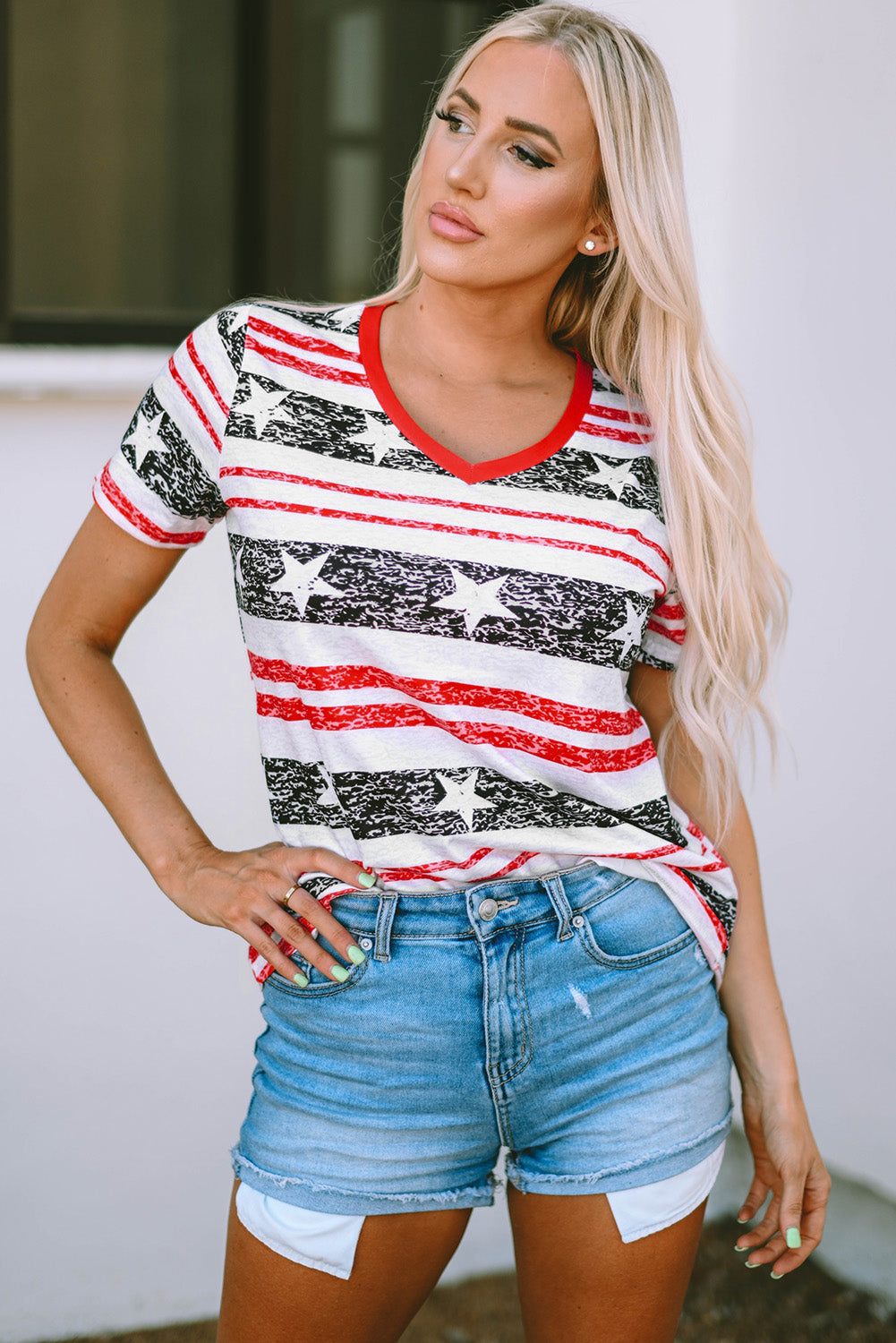 Gray Star and Stripe Print V-Neck Casual T-Shirt