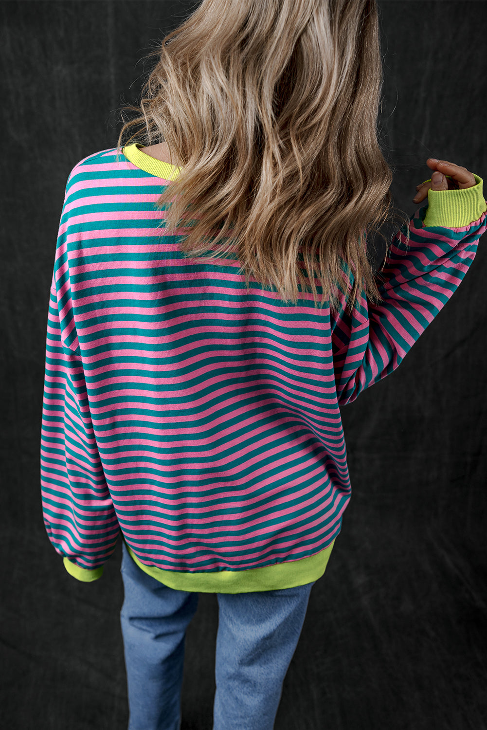 Green Stripe Oversized Contrast Trim Pullover Sweatshirt