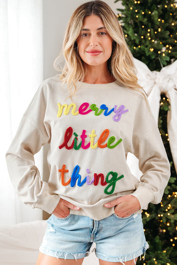 Beige merry little thing Corded Letter Graphic Ribbed Loose Sweatshirt