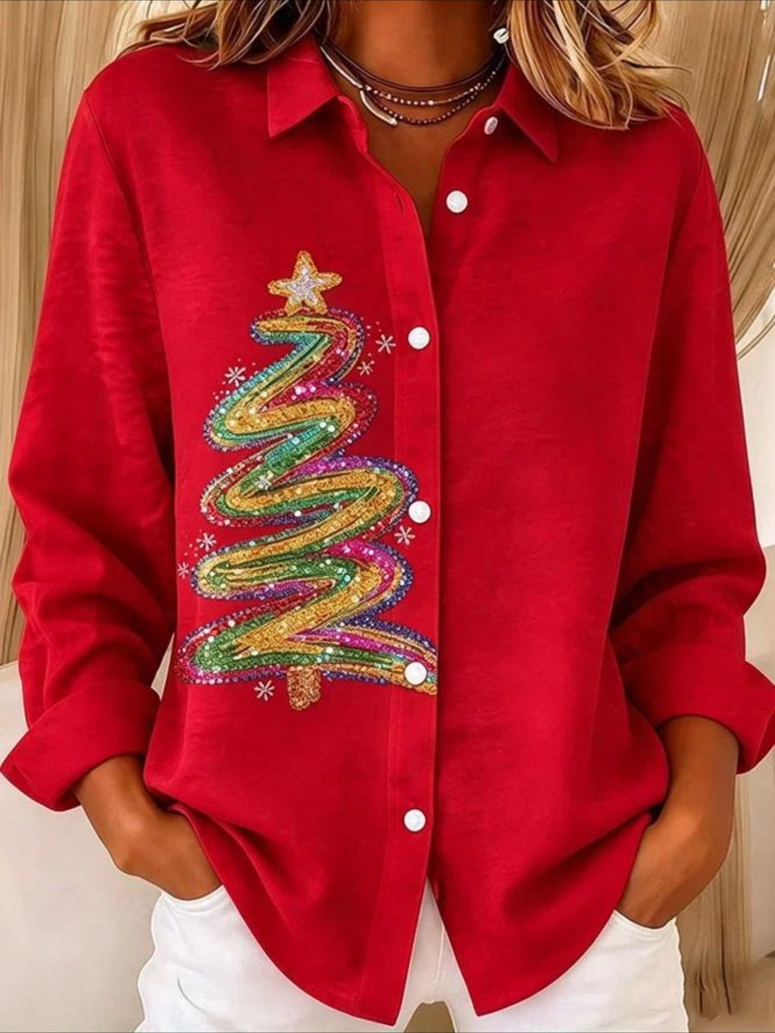 Christmas Patterns Long Sleeve Plain Regular Micro-Elasticity Regular Fit Shirt